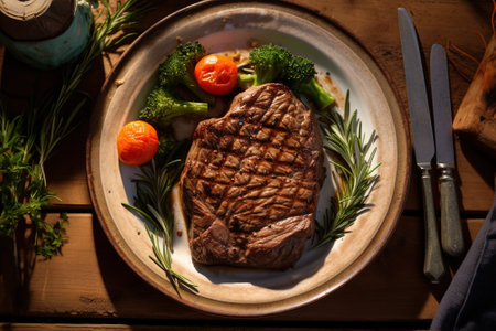 Medium rare steak on a plateの写真素材