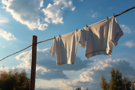 Clothes drying on a wireの写真素材
