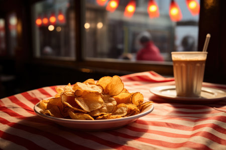 Delicious fast food Potato Chips on dining table with dish, drink, and plate.の素材