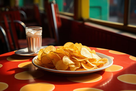 Delicious fast food Potato Chips on dining table with dish, drink, and plate.の素材