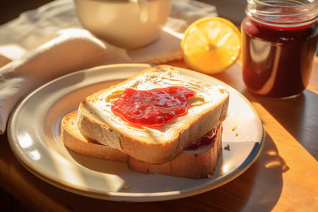 Toast and jam for breakfastの写真素材