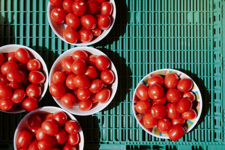 Plum tomatoes sold at green marketの写真素材
