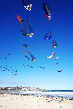 Wind festival at Bondi beach, Sydney, Australia on 10 September 2017. Colorful kites in the sky as famous event at Bondi beach, Sydney call Wind Festival.のeditorial素材
