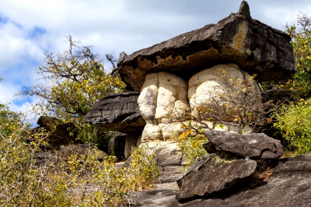Giant mushroom stone and blue sky at Phu Pha thoep National Park Mukdahan county of,Thailandの写真素材