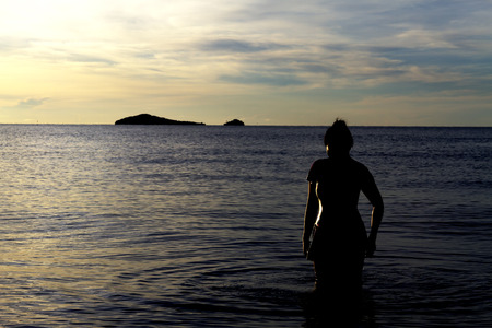 Traveler silhouette at Nava Gorn beach, Prachuap Khiri Khan country Thailandの写真素材