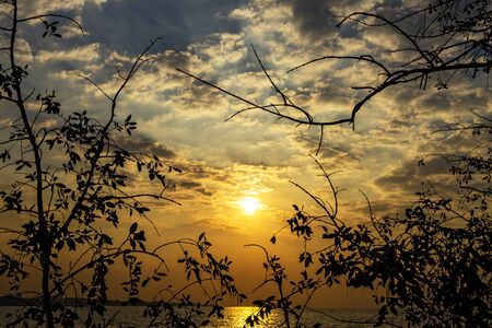 Sunrise silhouette morning on beach at Bang Pu Seaside of Thailandの写真素材