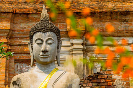 Statue buddha and background  at Wat Yai Chaimongkol temple, Ayutthaya, Thailandの写真素材