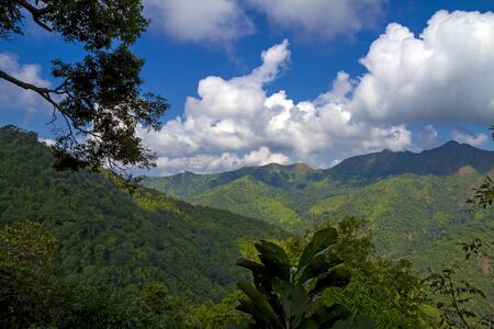 Green forest and sky idyllic with mountain and rainforest in Kanchanaburi province, Thailandの写真素材