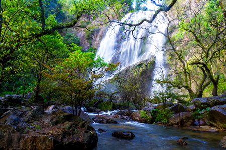 Khlong Lan Waterfall is beautiful in the rainy season and is a famous waterfall of Kamphaeng Phet Province, Thailand.の写真素材