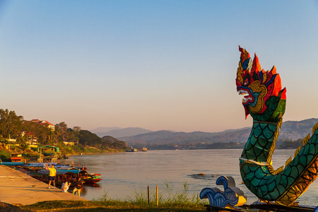 Sunrise morning on the Mekong River, Chiang Khong, Chiang Rai Province, Thailandの写真素材