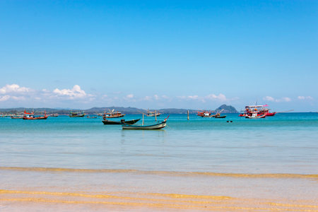 Beach and fishing community at beach Bang Boat in Prachuap Khiri Khan Province, Thailand.の写真素材