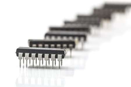 closeup integrated circuit isolated on white baseの写真素材