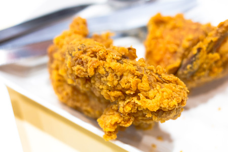 chicken fried isolated on white background, front view from the top, technical cost-up.の写真素材