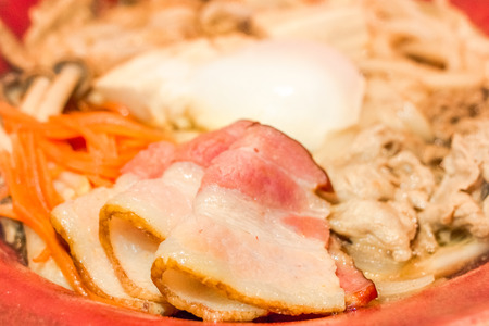 Japanese food. Udon noodles with bacon, sliced ââpork, egg bael,carrots and mushroom.Closed up.Copy space.(Soft focus)の写真素材