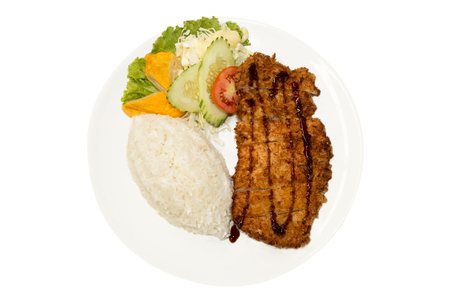 Japanese food, Rice with Pork Cutlet (Tonkatsu) on white background.Copy space.Clipping pathの写真素材