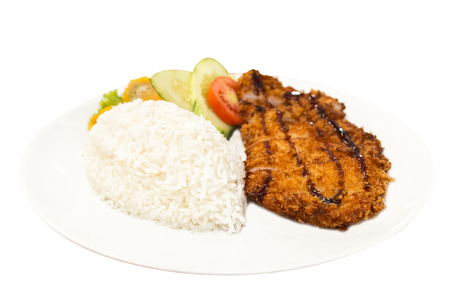 Japanese food, Rice with Pork Cutlet (Tonkatsu) on white background.Copy space.Clipping pathの写真素材