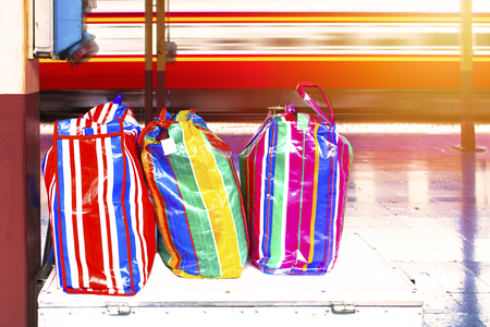 Railroad train in trip with  luggage to creative for design and decoration isolate on background.Copy space. Travel conceptの写真素材