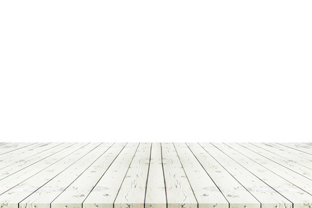 Perspective empty white wooden table with white background including clipping path for product display montage or design layout.の写真素材