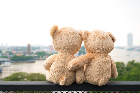 Two teddy bears sitting river view. Love and relationship concept (Chao Phraya river in Bangkok city)の写真素材