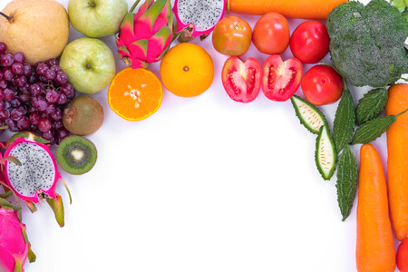 Healthy concept. Different fruits and vegetables on white background.の写真素材