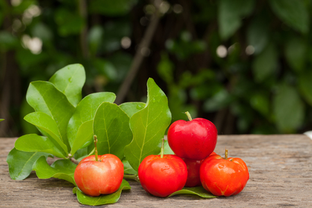 Acerola cherry of thailand on wood. Select focus, Barbados cherry, Malpighia emarginata, high vitamin の写真素材