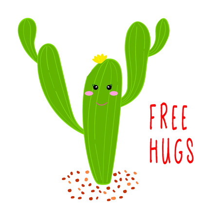 Cactus free hugs. Hand drawn cartoon cactus in the desert. Flat style design vector illustration isolated on white backgroud.のイラスト素材