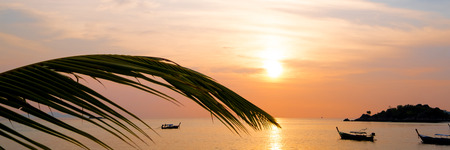 Longtail boats on seashore at sunrise in summer time concept travel, holiday and vacation. Beautiful tropical beach and sea with coconut palm tree inparadise beach nature landscape at Lipe island in Thailand.の写真素材