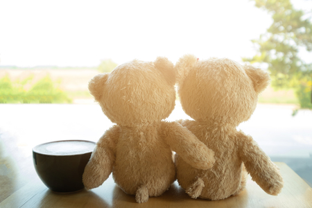 Lovely brown two teddy bear sit on chair look out the window from coffee shop. In the morning concept. Love, relationship and understanding.の写真素材