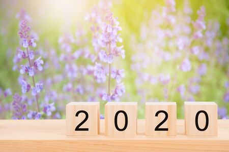 Happy new year 2020 text on wooden cubes on wooden pine table and blur purple flower background. Banner with copy space for text. 

の写真素材
