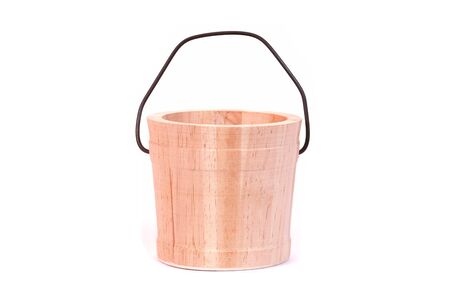 wooden bucket isolated on white backgroundの写真素材