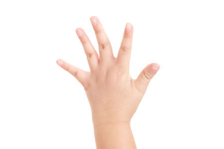 Boy's hand shown five finger symbol on isolated white background for graphic designer.の写真素材