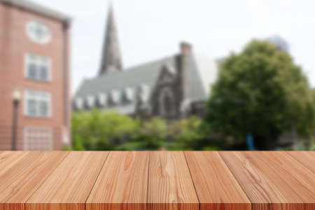 Perspective empty wooden table on top over blur background, can be used mock up for montage products display or design layout.の写真素材