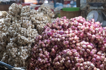 Garlics and  Shallots in market. Thailand food, healthy concept.の写真素材