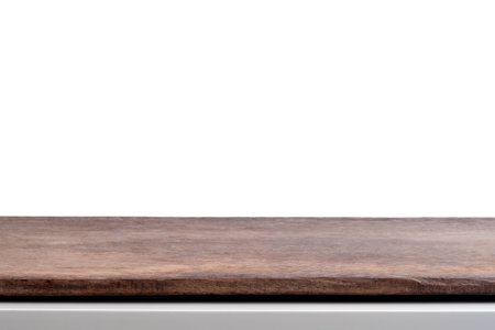 Perspective empty wooden table on top white background, can be used mock up for montage products display or design layout.の写真素材
