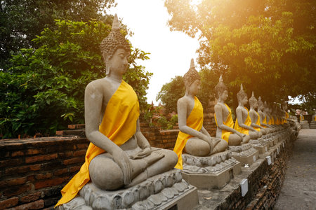 There are many Buddha statues from the Ayutthaya period in Thailand. Buddhist concepts.の写真素材