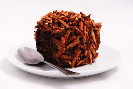 chocolate brownie on white backgroundの写真素材