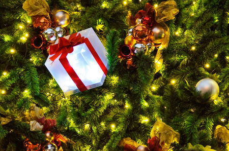 Decorating Christmas gift box on tree bright background