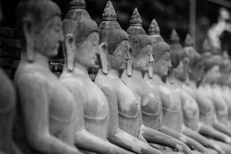 Aligned Sitting Buddha Statues and Buddha Status at Wat Yai Chaimongkol, Ayutthaya, Thailandの写真素材