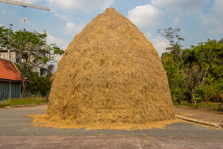 The Straw stack on the concrete floor.の写真素材