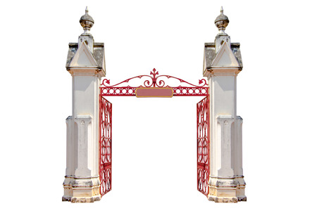 entrance of a temple with a open wrought-iron gate, isolated on white background.の写真素材