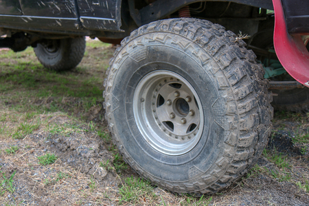 Close-up of 4x4 off-road vehicle tireの写真素材