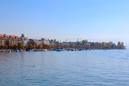 Zurich, Switzerland - Oct 13, 2018 : Beautiful view of historic city center on a sunny day with blue...
