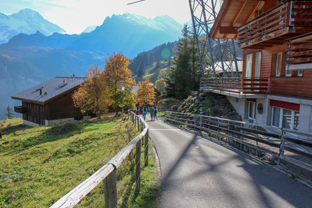 Beautiful view of alpine Eiger village. Picturesque and gorgeous scene. Popular tourist attraction. Location place Swiss alps, Grindelwald valley in the Bernese Oberland, Switzerlandの写真素材