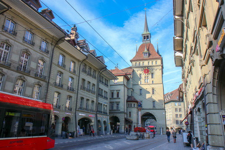 Bern, Switzerland - Oct 17 2018 : Astronomical clock on the medieval Zytglogge clock tower in Kramgasse street in old city center of Bern, Switzerland.のeditorial素材