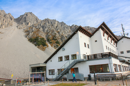 the restaurant on the top of the from Hafelekarspitze mountain. Innsbruck from the top. Austria landmark, Tirol, Austriaのeditorial素材