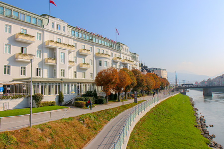 Beautiful view of Salzburg with Festung Hohensalzburg and Salzach river in summer, Salzburger Land, Austriaのeditorial素材