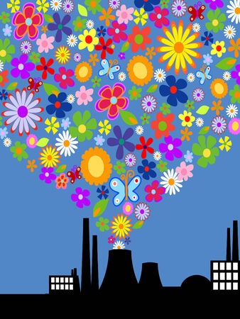 Factory with colorful flower smoke. Vector artのイラスト素材