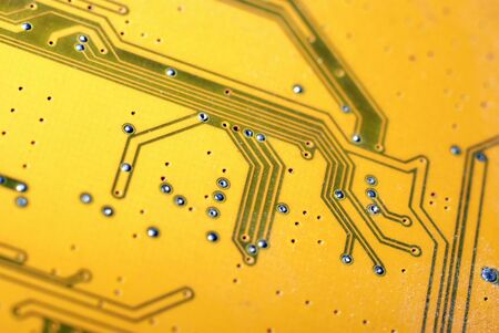 Detailed look of the circuits of a computer motherboard