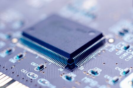 Detailed look of the circuits of a computer motherboard