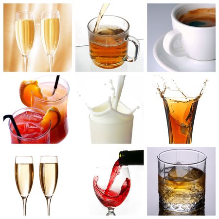 Collage of drink related pictures made from nine imagesの写真素材